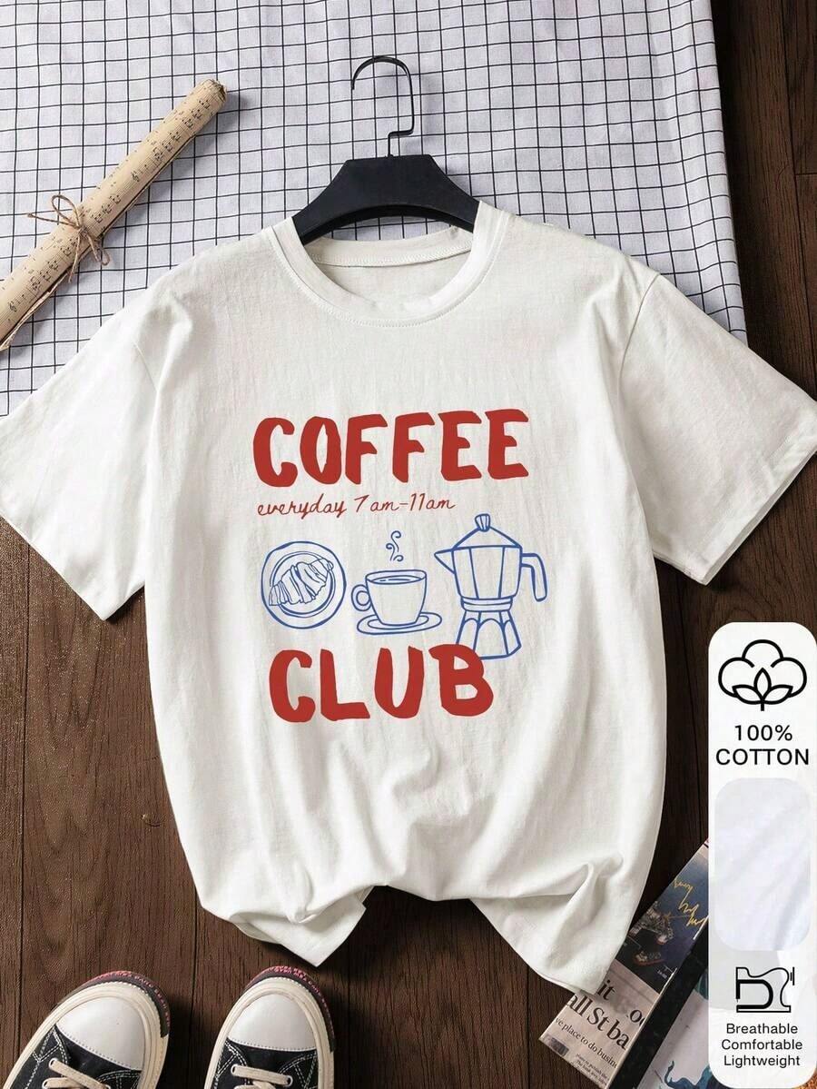 Camiseta de manga corta de 100% algodón con estampado de Club de Café para mujer, camiseta de verano, camiseta gráfica, atuendo de verano casual, camiseta de algodón, top de verano, estampado impreso, camiseta de verano para mujer, top, ropa de verano, ropa de vacaciones, atuendo de viaje, estilo de playa, ropa de resort minimalista en color blanco-Vintage Street Style Unisex Loose Cotton Short Sleeve Crew Neck T-Shirt - Blanco - Ver 1