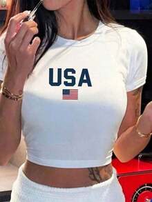 1PCSWomen'S USA Graphic Crop Top T-Shirt - Short Sleeve Crew Neck Casual Tee With American Flag & "USA" Print, White, Lightweight For Spring/Summer, Ladies T Shirts, Women's Short Sleeve Crop Tee - Lightweight Versatile Everyday Wear2026 Summer Outfits For Women,Y2k Tops 4th Of July Outfit Women - Phong cách - Xem 6