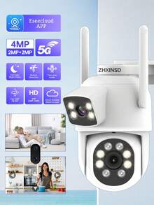 1 pieza Cámara de inalámbrica para exteriores con lente dual de 2MP+2MP, cámara de vigilancia doméstica inteligente PTZ, compatible con WiFi de banda dual 2.4/5GHz, cámara IP CCTV para interiores, seguimiento automático, alarma, visión nocturna a color, gimbal rotativo, sistema de cámara de red de video con audio bidireccional - Blanco - Ver 4