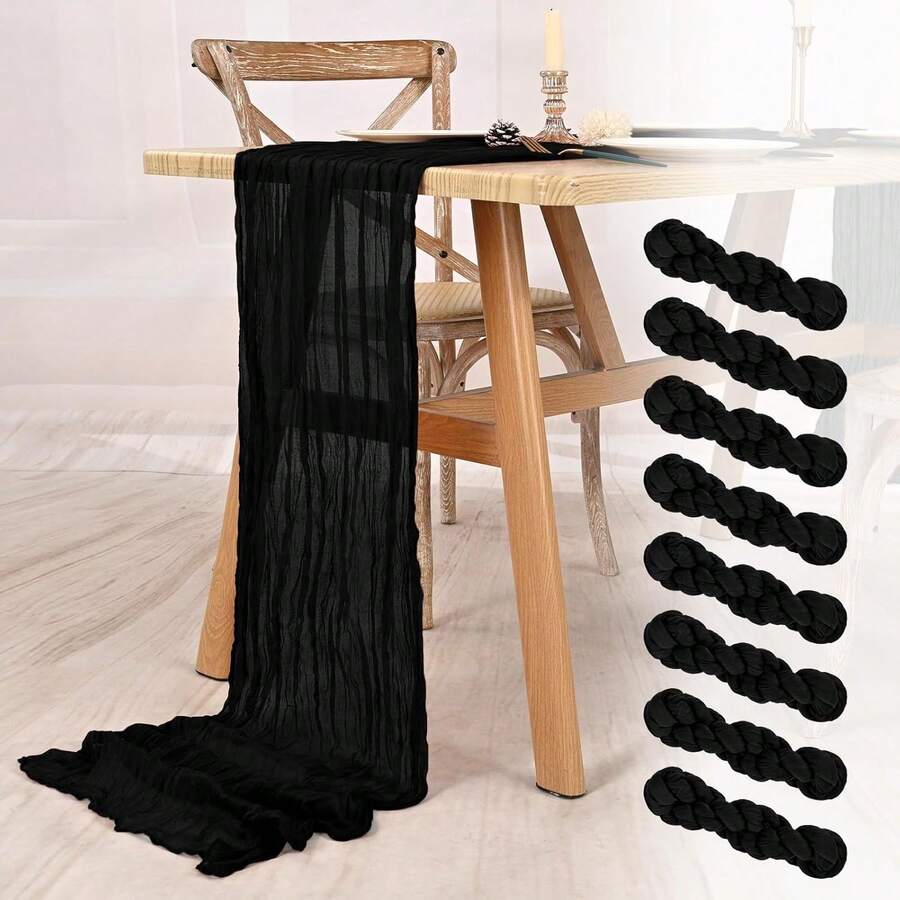 1pc Black Cheesecloth Table Runner, 35 X 120 Inches / 90 X 300 Cm, 35 X 70 Inches / 90 X 180 Cm, 35 X 157 Inches / 90 X 400 Cm Bohemian Crinkle Sheer Romantic Fabric Decor, Table Cloth Suitable For Wedding, Bridal Shower, Birthday Party - Black - View 1