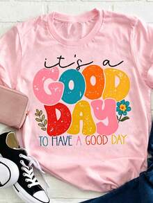 Women's Positive Motivational Slogan T-Shirt | Printed Text "Live Every Beautiful Day To The Fullest", Decorated With Colorful Fonts And Floral Patter - 粉色 - 查看 10