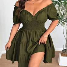 Vionelle Plus Size V-Neck Chiffon Puff Sleeve Ruched Dress - Caqui - Ver 2
