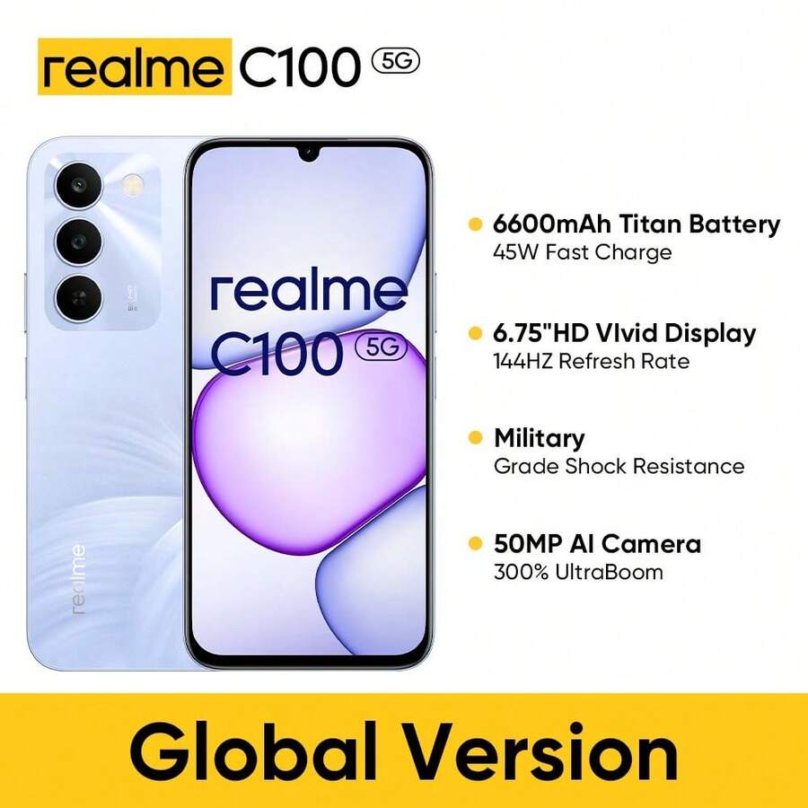 Realme C100 5G 4GB+128GB/4GB+256GB 5G智能手机,全球版,无锁,6.75英寸LCD 144Hz显示屏,5000万像素AI三摄,单电池7000mAh+45W/双电池6600mAh+45W,48个月流畅运行,不含适配器 - Blooming Purple - 查看 1