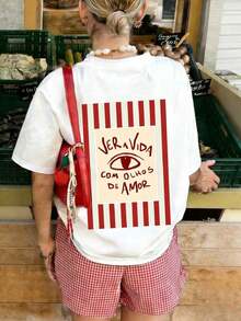 White Short-Sleeved Crew Neck T-Shirt With Striped Eye Print, Minimalist And Casual Style, A Versatile And Fashionable Women's Garment For Summer - 白色的 - 查看 7