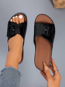 PWIIMG Black Glossy Platform Wedge Sandals, Open Toe With Metal Buckle Decor, Fashionable New Summer Casual Beach Vacation Sandals,Holiday Essential - Black - View 8