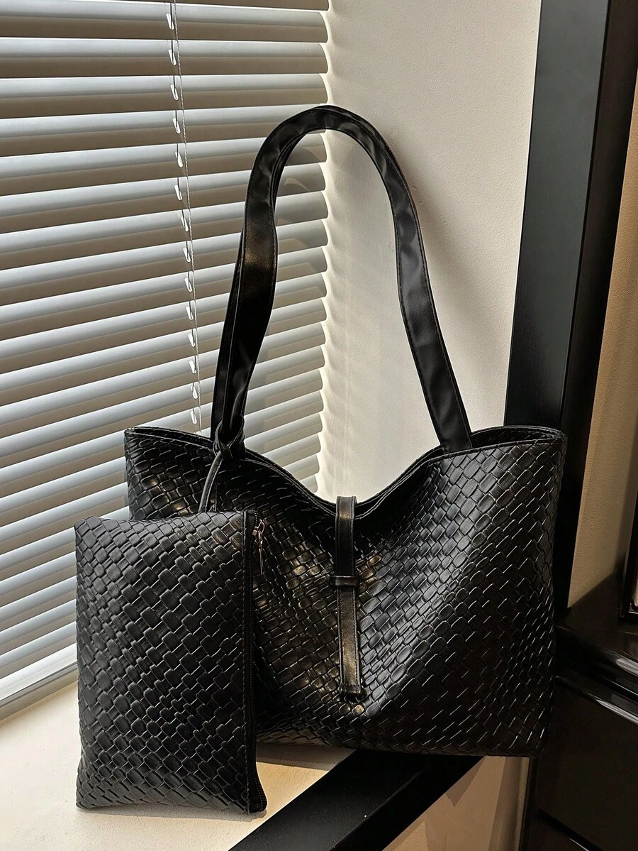 2026 New Arrival European And American Woven Pattern Large Capacity Tote Bag, Women's Commuter Versatile Shoulder Handbag, Fashion Minimalist Top Handle Bag - Black - View 1