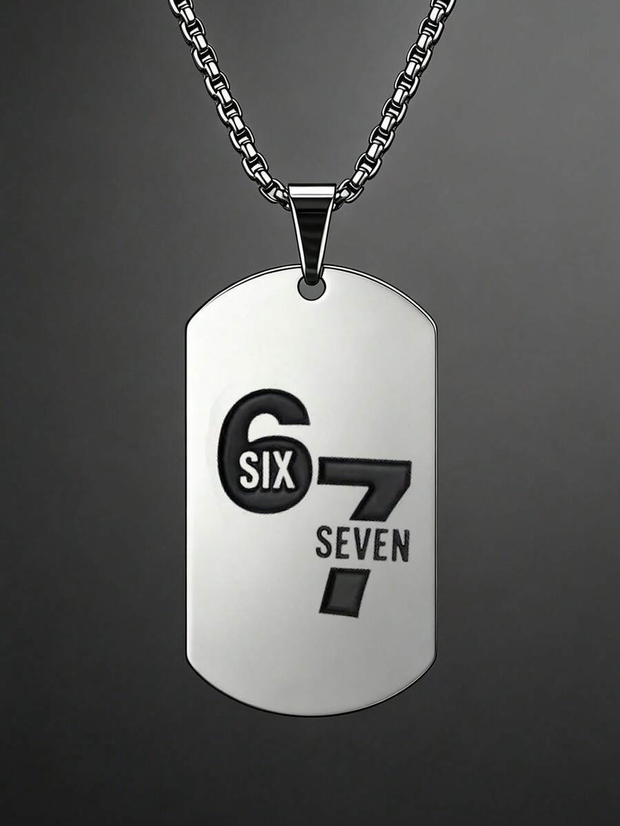 suteyi 67號狗牌項鍊 男士不鏽鋼嘻哈風吊墜項鍊 時尚6 7數字刻字軍牌鏈條首飾 男士禮物 - 銀色 - 查看 1