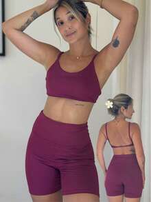 Women's Fitness Set Gym Open Back Top With Shorts - 紅木色 - 查看 1