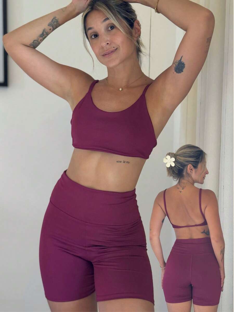 Women's Fitness Set Gym Open Back Top With Shorts - 紅木色 - 查看 1