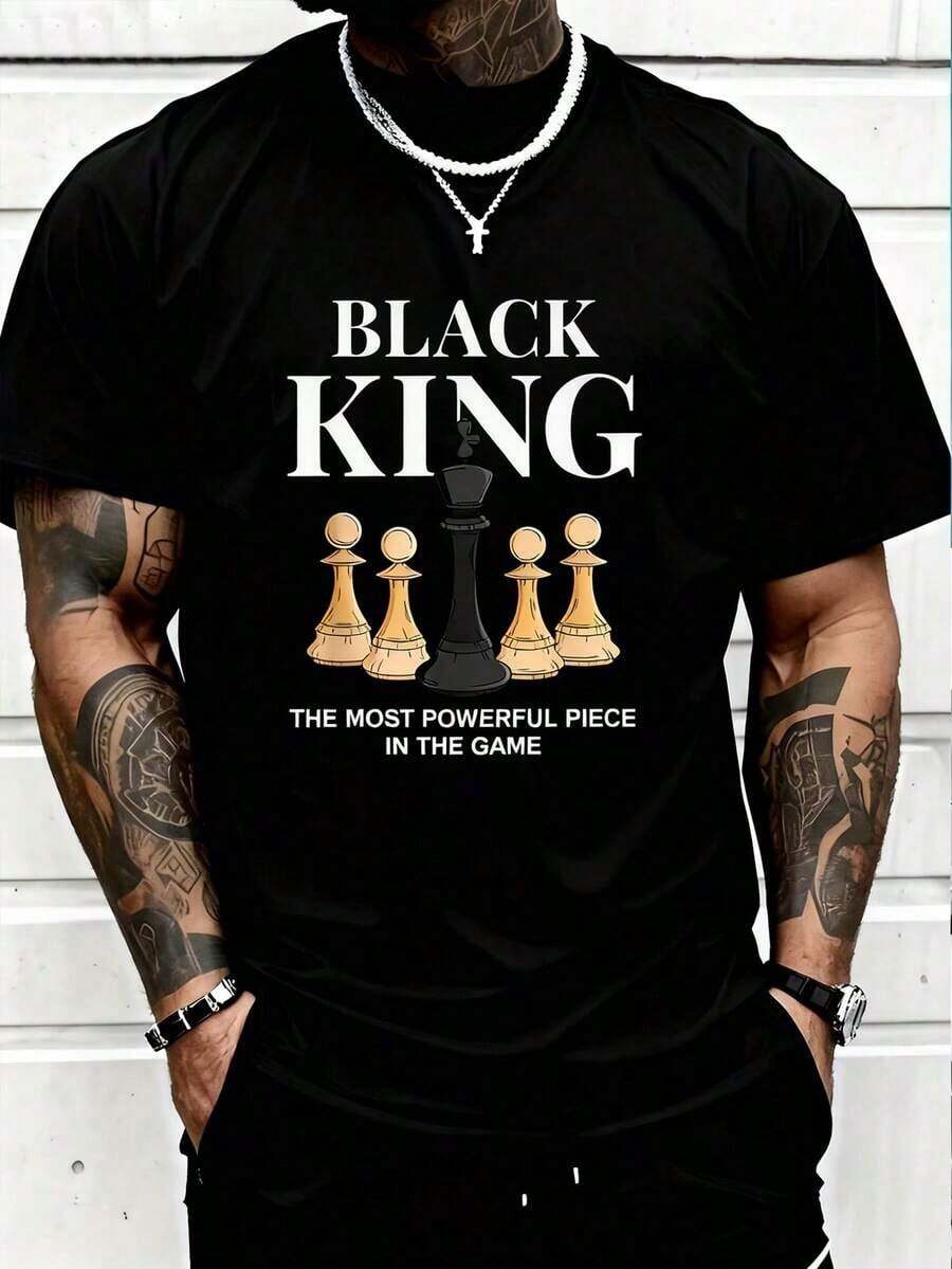 Men's T-Shirt With Chess Slogan Print 7FHR - 黑色 - 查看 1