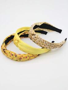 Set de 3 diademas de tela sólida con flores amarillas para mujer, diadema a juego dulce para uso diario y festivo - Amarillo - Ver 5