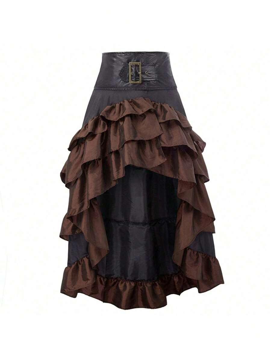 New Retro Asymmetrical Patchwork High-Waisted Cake Skirt With Ruffled Hem For Women - Brown - View 1