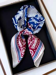 1pc Faux Silk Printed Square Scarf Headband Fashionable Multifunctional Small Scarf Suitable For Daily Use - Red and Blue - View 2
