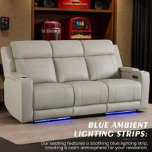 Sofá reclinable eléctrico con reposacabezas ajustable/luz LED, asientos de cine en casa con almacenamiento en el reposabrazos/toma de corriente/cuero transpirable, sofá reclinable eléctrico para sala de estar (gris, sofá de dos plazas + sofá) - Gris y negro - Ver 12