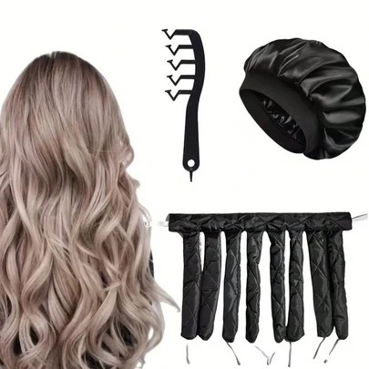 3pcs Women's No-Heat Curling Iron Headband Set - Soft No-Heat Curler, Satin Sleep Cap, Z-Shaped Wave Comb, Suitable For Women, Durable Long Hair Curler, Suitable For Nighttime DIY Hairstyling, Easy To Use And Fashionable Black Design, Curling Iron, Nighttime Hair Care, Fashionable Beauty Tool, Soft Structure