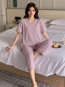 DAZY 一套女士短袖睡衣和短裤，柔软舒适的家居服 - 紫丁香色 - 查看 3