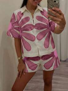 Frühlings-/Sommer-Blume Muster Kurzarm Top und Shorts 2 Stücke Set, Boho-Stil lässig Urlaubs Elegantes Damen Outfit, geeignet für Alltag, Urlaub und Outdoor-Tragen - Verschiedenfarbig - Übersicht 5