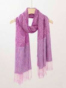 1pc Versatile Fashionable Color Block Fringe Scarf, Warm And Suitable Daily Commuting,School - Màu tím - Xem 11