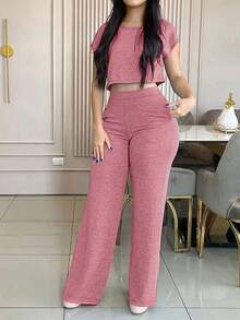 Conjunto casual y elegante de 2 piezas de unicolor con bolsillo, primavera/verano negro para mujer - Rosado Sandía - Ver 3