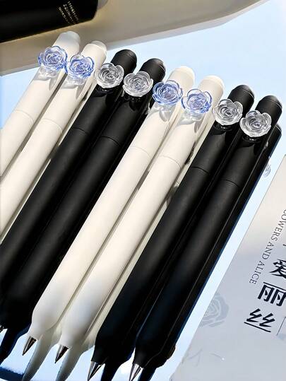 Set de 4 bolígrafos retráctiles con flor de rosa, recambios de tinta de alta velocidad, juego de papelería de alta calidad para estudiantes, oficina, aprendizaje, adecuado para educación entre padres e hijos, escuela, unisex, estudiantes, papelería, dibujo, profesores, aula, cumpleaños, vacaciones, regalos para fiestas