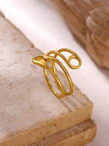 Minimalist Two Tone Paper Clip Double Layer Hollow Ring Stainless Steel Geometric Stackable Ring Women's Accessories Part - Yellow Gold - View 4