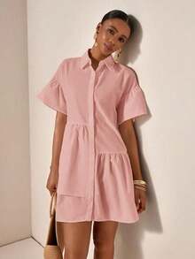 Vestido corto estilo camisa para mujer, color amarillo pastel sólido, cuello de camisa, mangas cortas abullonadas y falda con volante asimétrico, diseño fresco y holgado, ideal para primavera-verano, vacaciones, playa, festivales, viajes y todo tipo de ocasiones - Rosa 2 - Ver 3