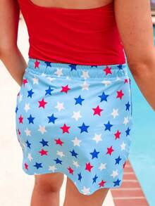 Acelitt Independence Day Women's Elegant Sky Blue American Flag & Star Print Beaded Drawstring High Waist Mini Skirt, Summer - Blue - View 2