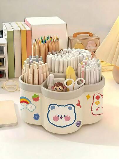 1 hộp đựng đồ để bàn xoay 360° - Hộp đựng bút và cọ trang điểm nhiều ngăn, thích hợp cho văn phòng/ký túc xá với các vật dụng cần thiết hàng ngày, kèm theo sticker ngẫu nhiên, hộp đựng văn phòng phẩm di động.