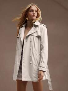 Risissida Women's Double-Breasted Windbreaker, Commuting Casual Jacket, Fashionable Solid Color Outerwear For Autumn & Spring - Beige - View 5