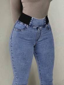 GILIPUR Pantalones vaqueros acampanados de talle alto estilo Y2K para mujer, pantalones vaqueros elásticos de ajuste ceñido de unicolor elegante, pantalones vaqueros lavados azules de estilo casual de calle - Azul - Ver 3