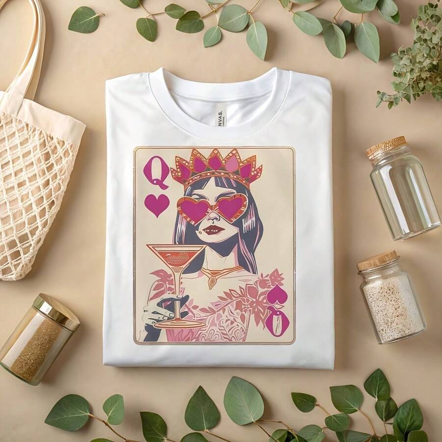 Queen Of Hearts Cocktail Shirt – Retro Playing Card Graphic Tee For Women A433 - Putih - View 1