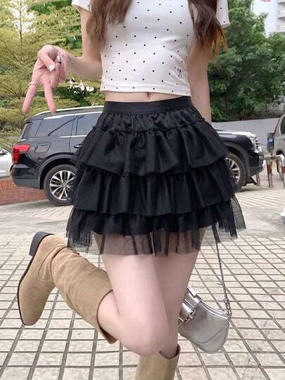Váy ngắn nữ lưng cao phối lưới xếp nếp nhiều lớp màu trơn, thường ngày, xuân/hè