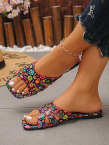 Floral Pattern Criss-Cross Design Flat Sandals, Colorful Open Toe Slippers Suitable For Women, Perfect For Summer Beach Vacation - Multicolor - View 3