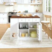 Kitchen Island, Serving Cart And Sideboard With Drawers – With Sliding Worktop, Spice Rack, Space For Feeding Pets (Without Cat Bowl), White And Walnut Finish, 120 * (40 + 30) * 90 Cm - White - View 11