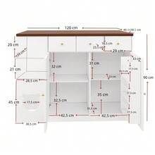 Kitchen Island, Serving Cart And Sideboard With Drawers – With Sliding Worktop, Spice Rack, Space For Feeding Pets (Without Cat Bowl), White And Walnut Finish, 120 * (40 + 30) * 90 Cm - White - View 8