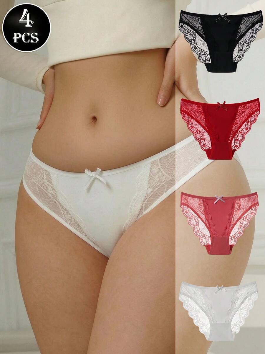 4 chiếc quần lót nữ cỡ lớn màu trơn phối ren, quần lót tam giác trang trí nơ dễ thương, đồ lót nhiều màu sắc thanh lịch - Nhiều màu - Xem 1
