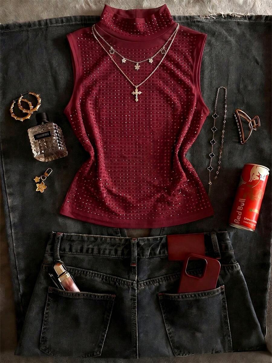 Women's Sexy Party Solid Color Rhinestone Mesh Sheer Fitted Camisole For Summer - Burgundy - View 1