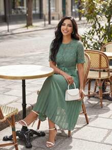 SHEIN Lady Váy dự tiệc cưới ren tan trong nước xếp ly thắt lưng cho nữ - màu xanh lá - Xem 5