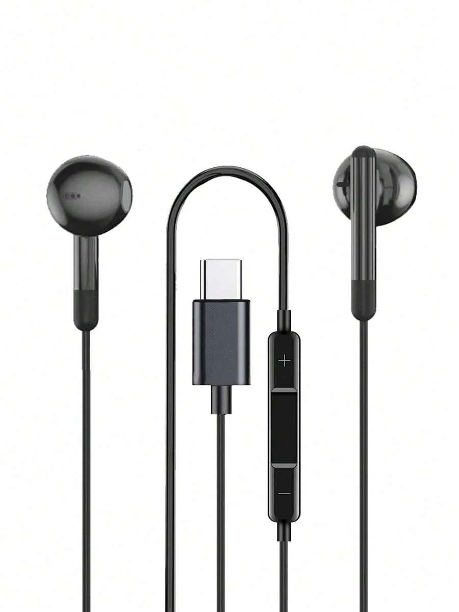Auriculares con cable tipo C de alta resolución, auriculares internos con micrófono y control de volumen para dispositivos tipo C - Negro - Ver 1