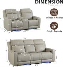 Sofá reclinable eléctrico con reposacabezas ajustable/luz LED, asientos de cine en casa con almacenamiento en el reposabrazos/toma de corriente/cuero transpirable, sofá reclinable eléctrico para sala de estar (gris, sofá de dos plazas + sofá) - Gris y negro - Ver 11