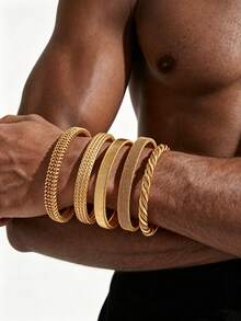 Un brazalete de acero inoxidable para hombres de estilo minimalista, tejido y anudado de forma irregular y abierta - Dorado - Ver 10