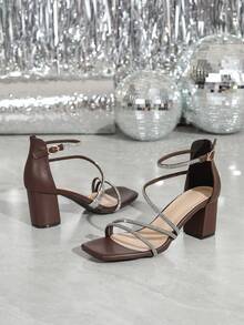 Sandalias elegantes y glamorosas con tacón grueso de punta cuadrada y decoradas con rhinestones, adecuadas para banquetes y fiestas, de moda y versátiles - Marrón Chocolate - Ver 7