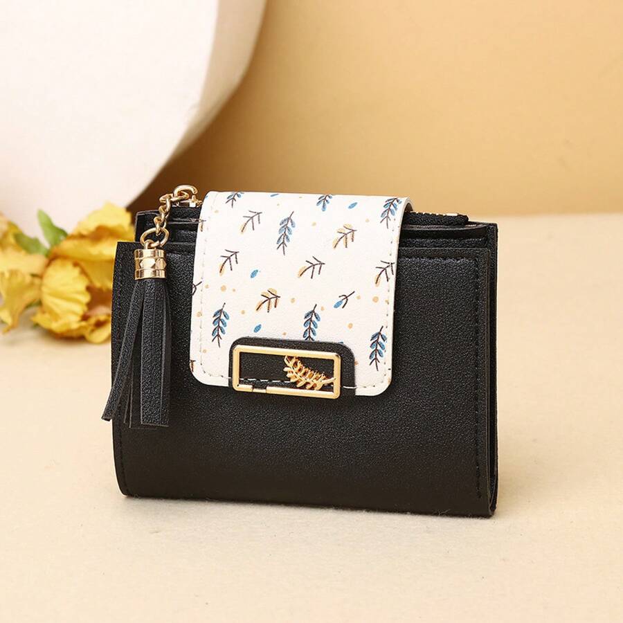 New Women's Short Wallet With A High-End Feel, Niche Leaf Card Holder, Student Coin Purse - Black - View 1