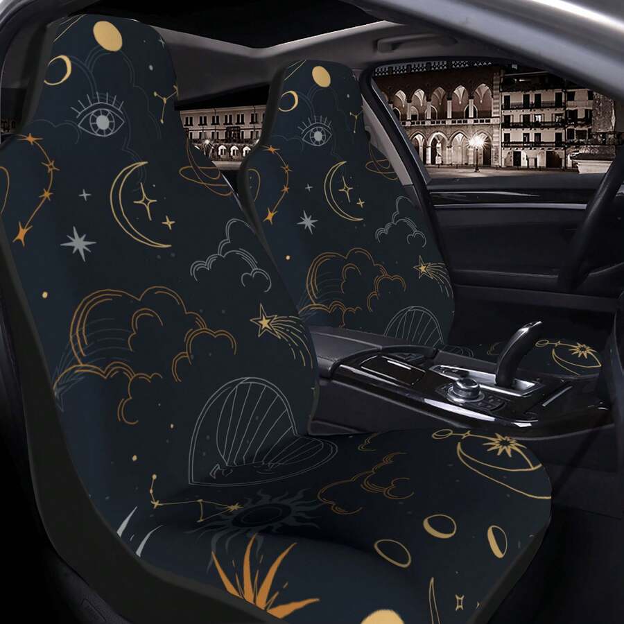 2 piezas Cubiertas de asiento de coche con símbolos celestiales impresos, cómodas y transpirables de seda de hielo, adecuadas para todas las estaciones, fácil cuidado y lavables a máquina, decoración interior del coche - Fundas para asientos - Ver 1