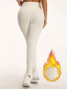 Warm Fleece Lined Leggings, Comfortable Fuzzy Striped Thermal Tights, Stretchy Winter Skinny Pants For Autumn/Winter - White - View 5