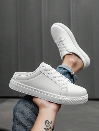 Sandalias casuales de cuero con empalme de unicolor y cordones delanteros para hombres, cómodas para uso diario al aire libre y versátiles para deslizar, para adolescentes