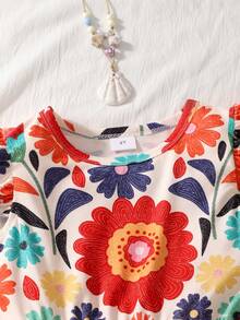 Girls' Vintage Floral Print Dress, Cute Cap Sleeve Round Neck A-Line Midi Dress, Waist Cinched, Suitable For Beach Holiday, Toddler & Little Kid - Multicolor - View 3