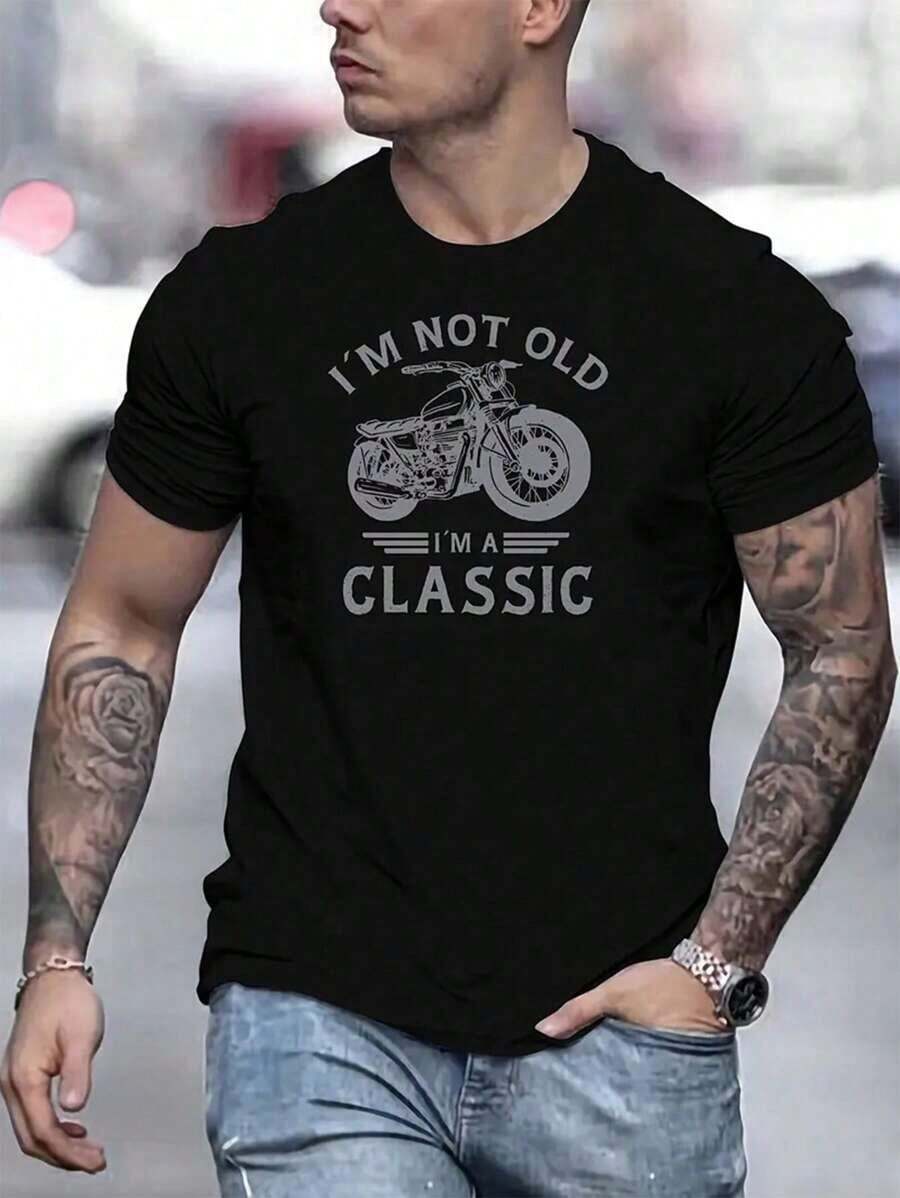 Manfinity Homme Camiseta casual con estampado de motocicleta para hombres "No soy viejo, soy un clásico" - Negro - Ver 1