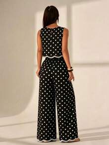 Ensemble 2 pièces à pois pour femmes, top court sans manches avec pantalon large, tenue de vacances décontractée noire élégante pour l'été - Noir - Voir 2