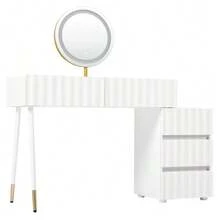 White Dressing Table Set For Bedroom With 5 Spacious Drawers - Dimensions: W100/H127/D40 Cm (Without Stool) - White - View 5